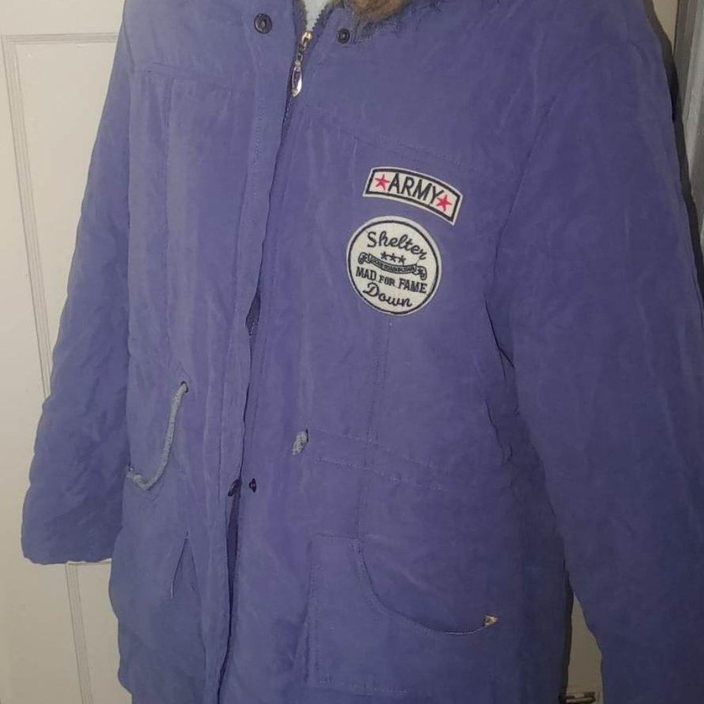 Light Blue\Purple Hooded Fleece Lined Winter Parka Coat Faux Fur Trim Sz XL